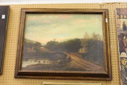 Figures on Horseback Crossing a Stone Bridge with Village Beyond oil on canvas.