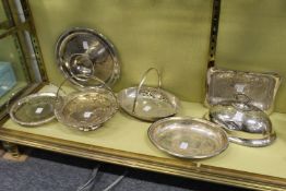 A Mappin & Webb plated circular cake basket together with similar serving items to include entree