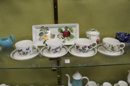 Four Port Meirion Botanic Garden cups and saucers with a Port Meirion Pomona dish and sugar bowl and