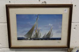 A colour print depicting sailing ships, signed.