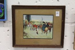 A small colour print of a hunting scene.