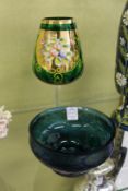 A painted green Murano glass goblet and a decorative glass bowl, possibly Caithness.