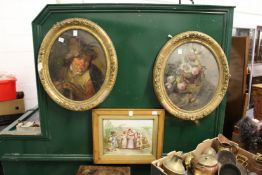 A pair of reverse paintings on glass in gilt frames, together with a decorative porcelain plaque (As