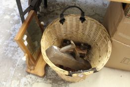 A basket, woodworking tools, dressing table mirror.