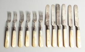 A SET OF SIX VICTORIAN SILVER AND MOTHER OF PEARL FRUIT KNIVES AND FORKS. London 1892. Knives 20cm