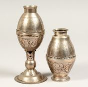 TWO SMALL SILVER VASES one with a coin in the base. Republic of Pervana 4ins & 5.5ins high.