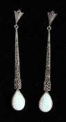 A PAIR OF SILVER AND MARCASITE OPAL DROP EARRINGS