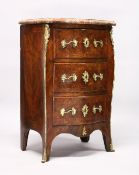 A LOUIS XV SERPENTINE-FRONTED KINGWOOD PETIT COMMODE with marble top, three drawers with brass