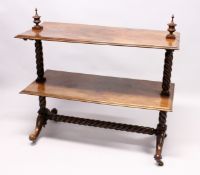 A GOOD VICTORIAN MAHOGANY TWO TIER DUMB WAITER with barley twist support on curving legs with