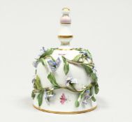 A GOOD MEISSEN PORCELAIN BELL, encrusted with flowers and painted with insects. Cross swords mark in