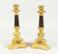 A SUPERB PAIR OF EMPIRE BRONZE AND GILT BRONZE CANDLESTICKS on claw feet with triangular bases.