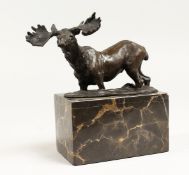 A BRONZE MOOSE 6ins long on a marble base.