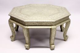 A 19TH CENTURY INDIAN SILVERED OCTAGONAL COFFEE TABLE on eight curving legs. 3ft diameter, 1ft