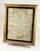 A GEORGE III FRAMED AND GLAZED SAMPLER by Roberta Allerton, 1787, with a poem, birds, flowers etc.