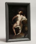 A CONTINENTAL PORCELAIN UPRIGHT PLAQUE of a seated female nude with a ghostly figure in the