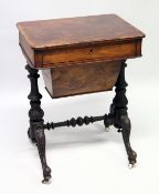 A GOOD VICTORIAN FIGURED WALNUT SEWING TABLE with single drawer, walnut sewing bag, carved and