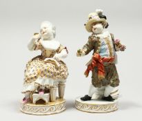 A NEAR PAIR OF MEISSEN PORCELAIN FIGURES OF A YOUNG BOY AND GIRL, the boy in a plumed hat, the