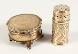 AN ENGINE TURNED CIRCULAR SILVER PIN BOX Birmingham 1919, and a silver sprinkler, Birmingham 1892 (