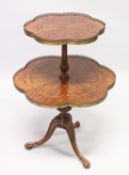 A GOOD SATINWOOD INLAID TWO TIER STAND with brass galley centre pillar on tripod legs. 2ft 8ins