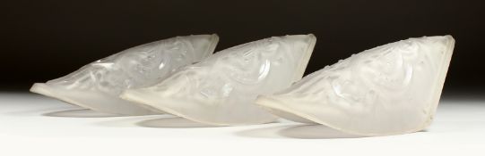 THREE FROSTED GLASS ART DECO WALL LIGHT SHADES. 13ns long
