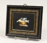 A SUPERB ITALIAN MICRO MOSAIC PLAQUE doves etc. drinking from a bowl 4.5ins x 5.75ins framed.