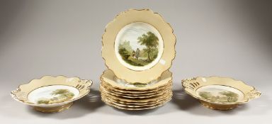 A SET OF 9 19TH CENTURY LANDSCAPE PLATES with beige border with landscape scenes wih castles and