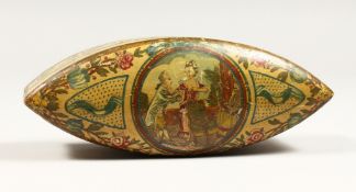 AN EARLY GEORGIAN PAPIER MACHE CHOCOLATE BOX AND COVER 7ins long.
