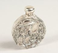 A .8OO WHITE METAL CIRCULAR SCENT BOTTLE, a classical lady with doves. 2ins diameter