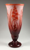 LA VOIE FRANCAISE A TALL GLASS VASE with foxgloves in relief. Script signature,'La voie Francaise'