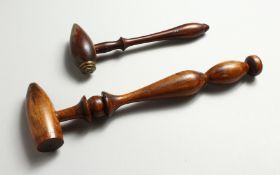 TWO TURNED WOOD, WOODEN GAVELS