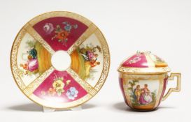 A SMALL DRESDEN AUGUSTUS REX CAUDILE CUP, SAUCER AND COVER.