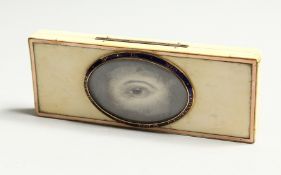 A GOOD GEORGIAN IVORY LONG BOX, the top painted with an eye. 'NUL. MIRARTI E IL MIO CONTENTO'.
