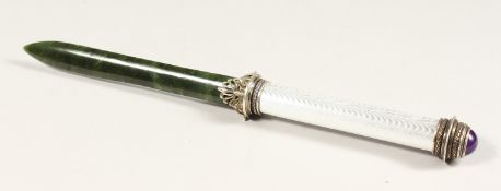 A VERY GOOD RUSSIAN SILVER AND ENAMEL BOTTLE OPENER with jade blade. 10ins long.