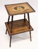 A SORRENTO INLAID TWO TIER TABLE on bamboo type legs. 2ft 3ins high x 1ft 4ins wide.