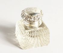 A STERLING SILVER MOUNTED, SQUARE, GLASS INKWELL.
