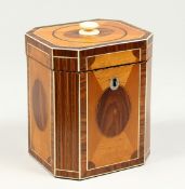 A SUPERB GEORGE III SATINWOOD BANDED TEA CADDY with rosewood and ivory canted corners and ivory