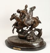 AFTER FREDERICK REMMINGTON 'POLO' A GOOD ACTION BRONZE one horse and rider down. Signed, on a marble
