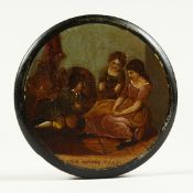A VICTORIAN CIRCULAR PAPIER MACHE SNUFF BOX, the top with a scene 