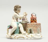 A GOOD MEISSEN PORCELAIN GROUP OF A CHERUB stirring a cup by a stove, with a kettle. Cross swords