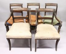 A PAIR OF MAHOGANY, SABRE LEG ARM CHAIRS and three matching single chairs.