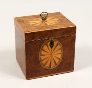 A SMALL GEORGE III SQUARE TEA CADDY with satinwood fan inlay. 4.25ins high.