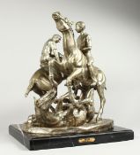 AFTER F. REMMINGTON A SILVER BRONZE GROUP OF TWO RIDERS ON HORSEBACK, a horn and rider on the floor.