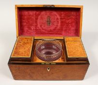 A LARGE GEORGE III POLLARD SATINWOOD TWO DIVISION TEA CADDY, banded top, silver plate handle.