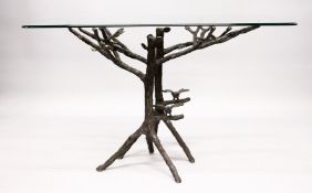A RARE BRONZE, GLASS TOP, RUSTIC COFFEE TABLE, AFTER GIACOMETTI, Glass top 3ft 8ins x 2ft 4ins . The