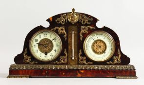 A VERY GOOD 19TH CENTURY FRENCH TORTOISESHELL CASE CLOCK, THERMOMETER AND BAROMETER, CIRCA. 1860.