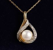 A 9CT GOLD FRESHWATER PEARL AND DIAMOND NECKLACE.