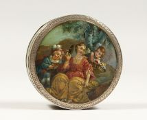 A GOOD GEORGIAN SILVER MOUNTED TORTOISESHELL CIRCULAR BOX painted with figures 3ins diameter