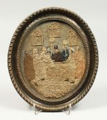 A FRAMED EARLY NEEDLEWORK PICTURE 'Jesus Circumcision' , see label on reverse. 7.5ins x 6ins.
