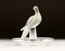 A SMALL FROSTED GLASS LALIQUE DOVE RING STAND Signed 3ins high.