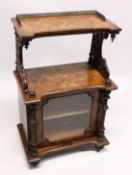 A VICTORIAN FLUTED WALNUT MUSIC CABINET/WHAT-NOT, with brass gallery, satinwood inlay, the base with